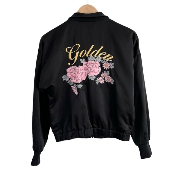 Aritzia Golden By TNA Satin Embroidered Floral Shaul Bomber Jacket - Picture 2 of 14
